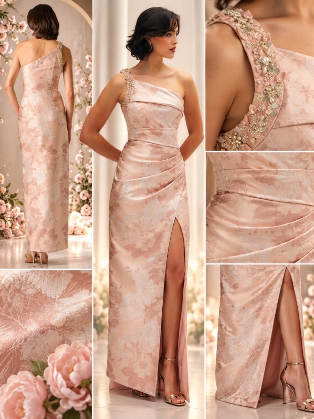 Aidan Mattox Adrianna Papell Blush Jacquard Beaded One Shoulder Gown 8 NWT